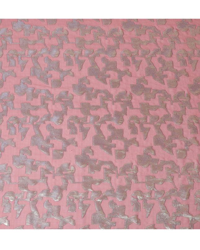 شيفون حرير خالص وردي مرجاني مع لوريكس فضي لامع عرض 110 سم - قماش فاخر من كوريا الجنوبية-D17911