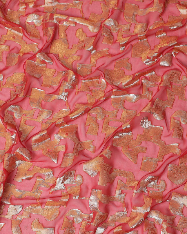شيفون حرير خالص مرجاني نابض بالحياة مع لوريكس ذهبي عرض 110 سم - نسيج مبهر من كوريا الجنوبية-D17915