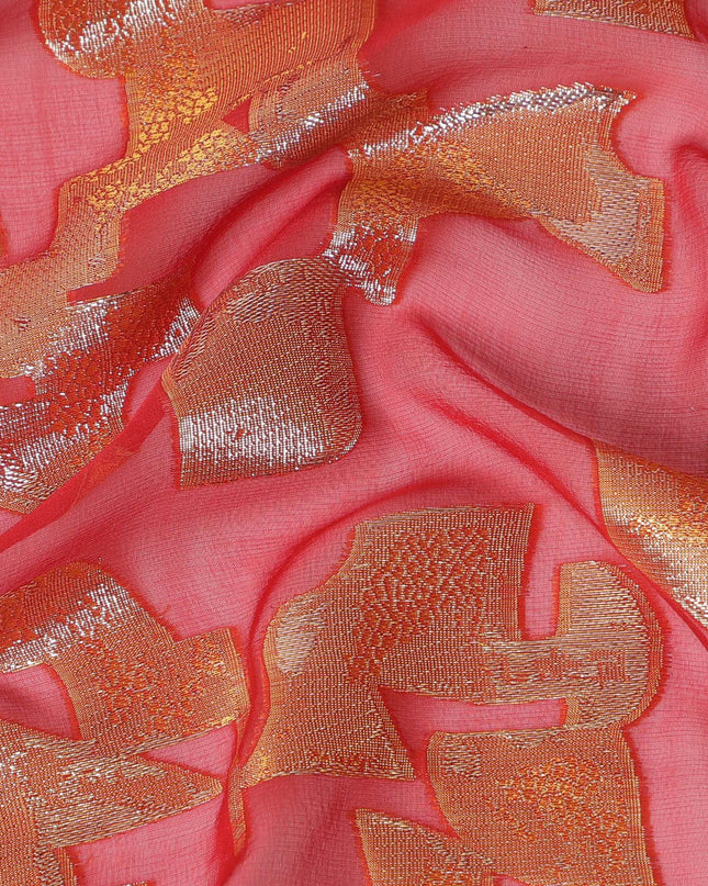 شيفون حرير خالص مرجاني نابض بالحياة مع لوريكس ذهبي عرض 110 سم - نسيج مبهر من كوريا الجنوبية-D17915