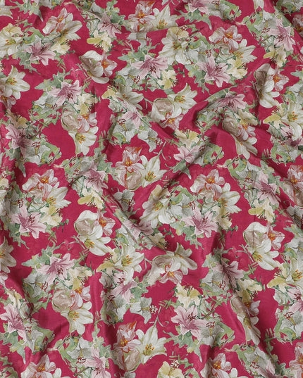 Vibrant Ruby Floral Viscose Crepe Fabric - 110cm Wide - Perfect for Bold Creations - Buy Online-D18222