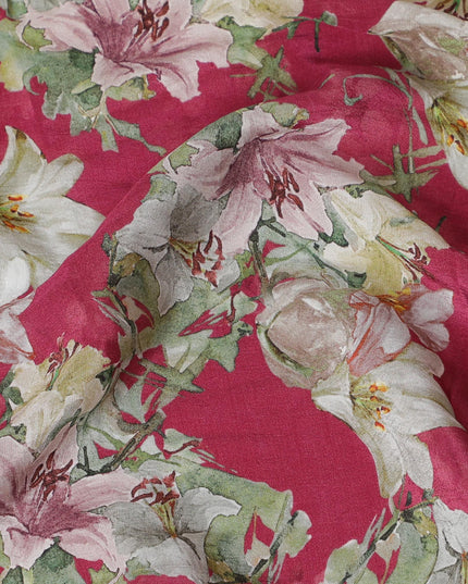 Vibrant Ruby Floral Viscose Crepe Fabric - 110cm Wide - Perfect for Bold Creations - Buy Online-D18222