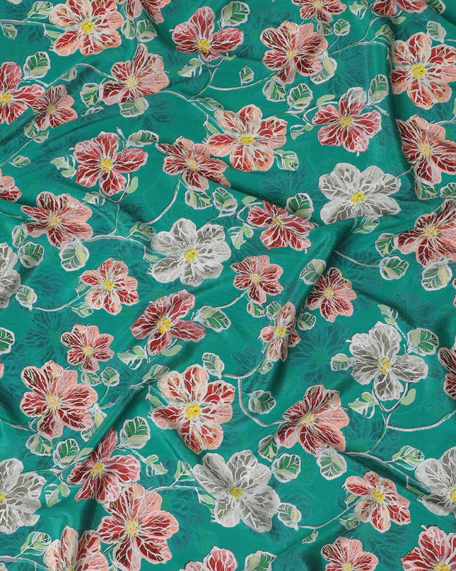 Emerald Blossom Viscose Crepe Fabric - 110cm Wide - Lush Floral Elegance - Buy Online-D18225