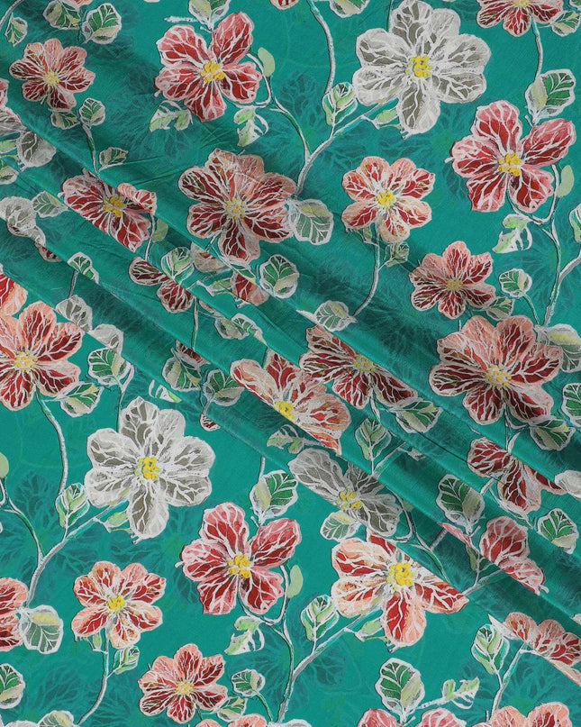 Emerald Blossom Viscose Crepe Fabric - 110cm Wide - Lush Floral Elegance - Buy Online-D18225