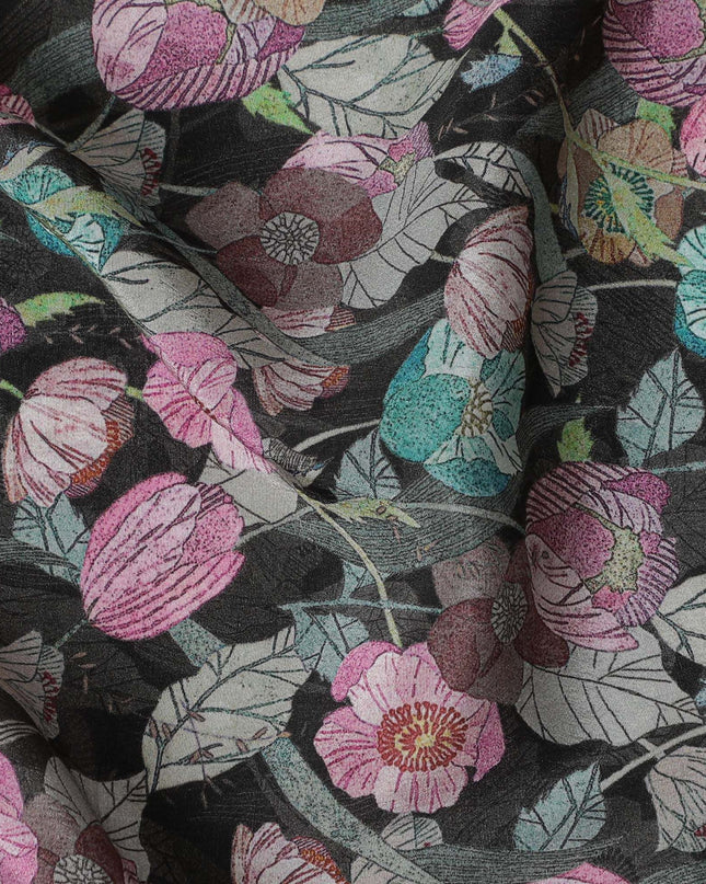 Charcoal Elegance Floral Viscose Crepe Fabric - 110cm Wide - Sophisticated Patterns for Tailored Looks - Buy Online-D18230