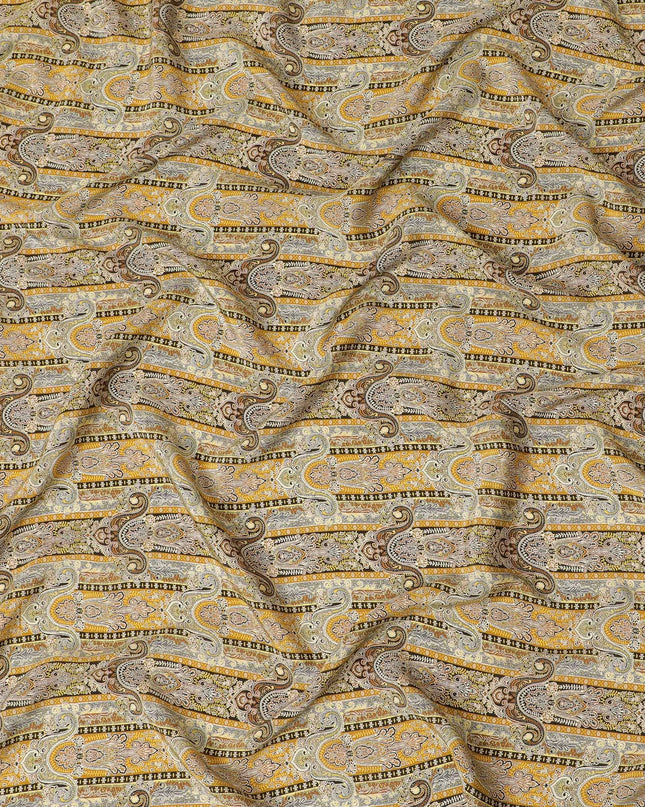 Golden Ornate Paisley Viscose Crepe Fabric - 110cm Wide - Luxurious Patterns for Distinguished Attire - Buy Online-D18235