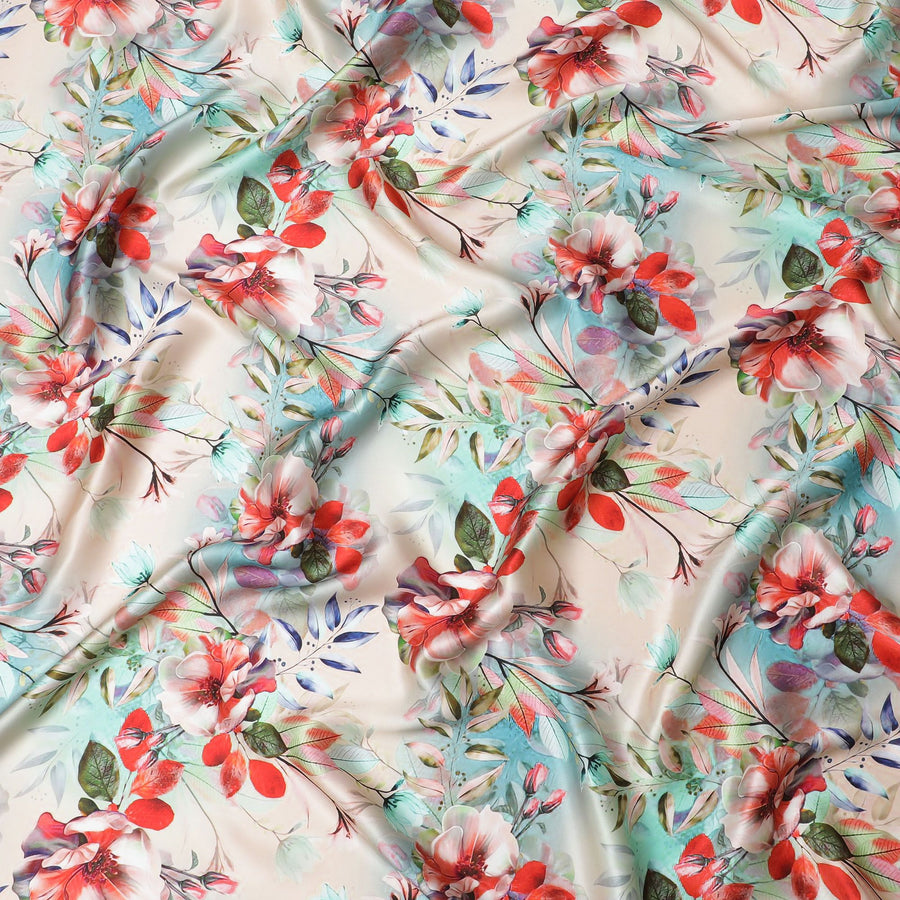 Luxurious Italian Silk Satin Fabric - Floral Print, 140cm Wide - Buy in Meters Online-D18312