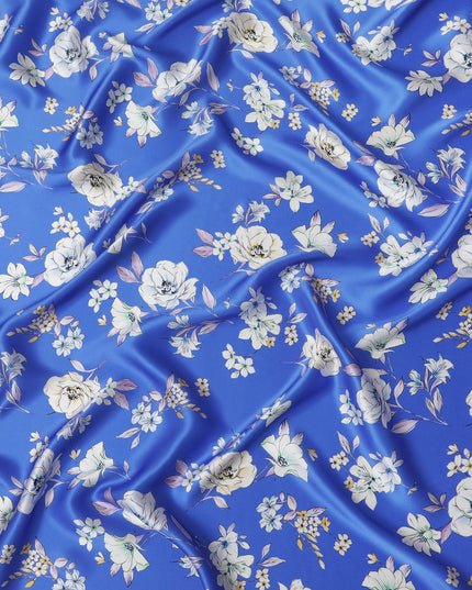 Royal Azure Silk Satin Fabric - Exquisite Italian Floral Design, 140cm Wide - Shop Online-D18321