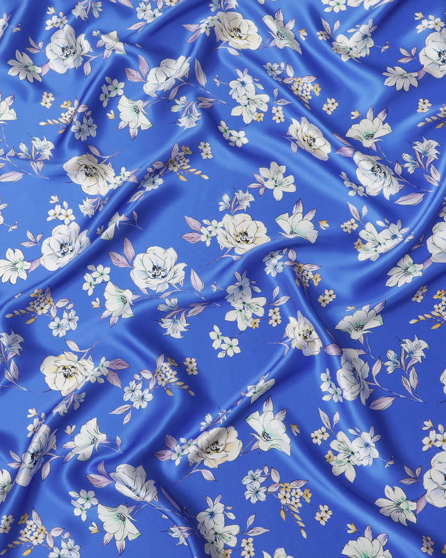 قماش ساتان حرير أزرق ملكي - تصميم زهور إيطالية رائعة، عرض 140 سم - تسوق عبر الإنترنت-D18321