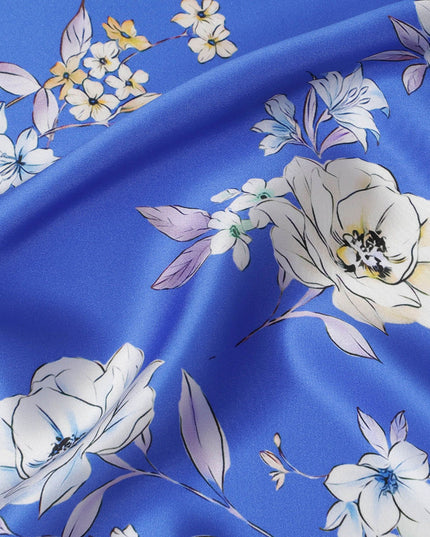 Royal Azure Silk Satin Fabric - Exquisite Italian Floral Design, 140cm Wide - Shop Online-D18321