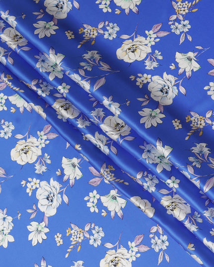 Royal Azure Silk Satin Fabric - Exquisite Italian Floral Design, 140cm Wide - Shop Online-D18321