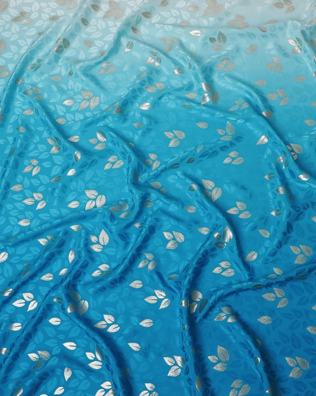 Azure Foliage Silk Satin Fabric - Elegant Leaf Print, 140cm Wide - from South Korea-D18330