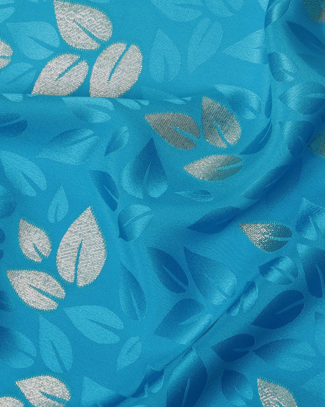 Azure Foliage Silk Satin Fabric - Elegant Leaf Print, 140cm Wide - from South Korea-D18330