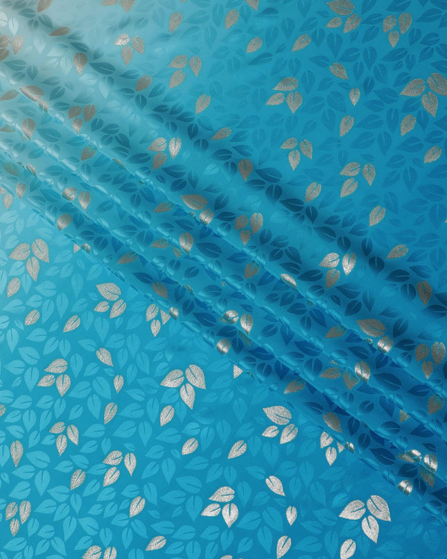 Azure Foliage Silk Satin Fabric - Elegant Leaf Print, 140cm Wide - from South Korea-D18330