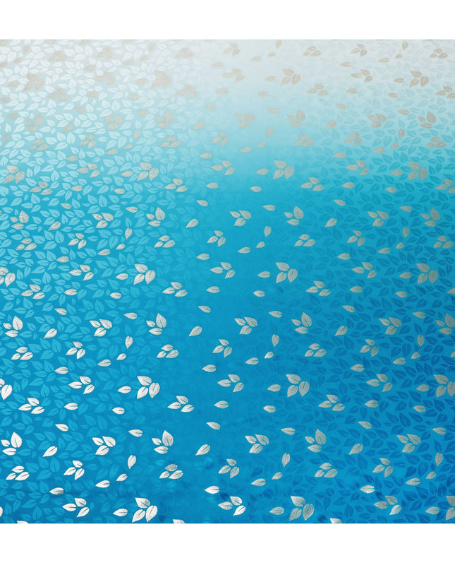 Azure Foliage Silk Satin Fabric - Elegant Leaf Print, 140cm Wide - from South Korea-D18330