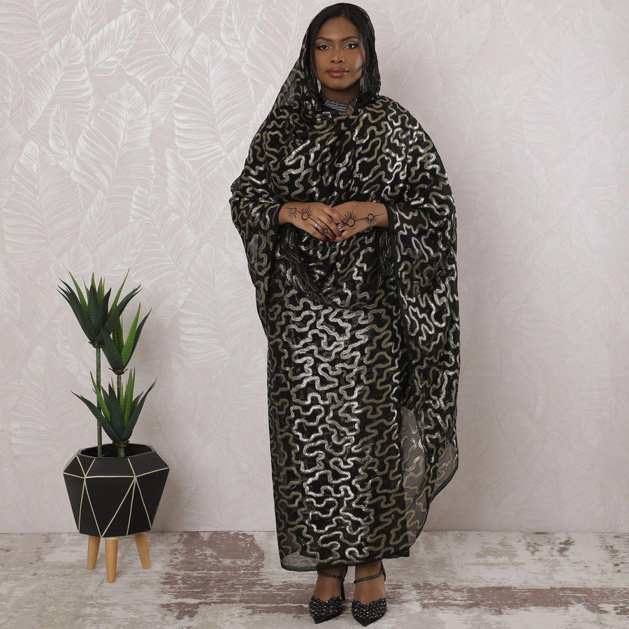 Black Premium pure French (Fransawi) silk chiffon thobe with gold metallic lurex in abstract design-D16152
