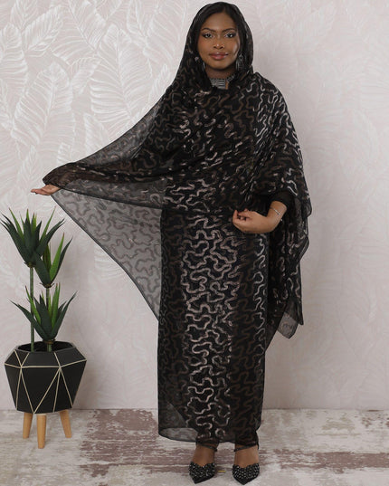 Black Premium pure French (Fransawi) silk chiffon thobe with copper brown metallic lurex in abstract design-D16153