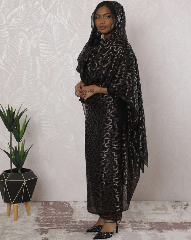 Black Premium pure French (Fransawi) silk chiffon thobe with copper brown metallic lurex in abstract design-D16153