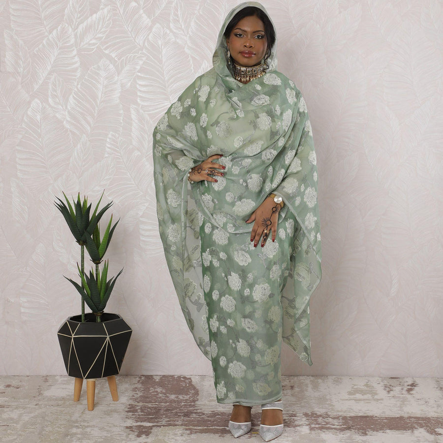 Summer green Premium pure French (Fransawi) silk chiffon thobe with same tone metallic lurex in floral design-D16155 Regal Fabrics