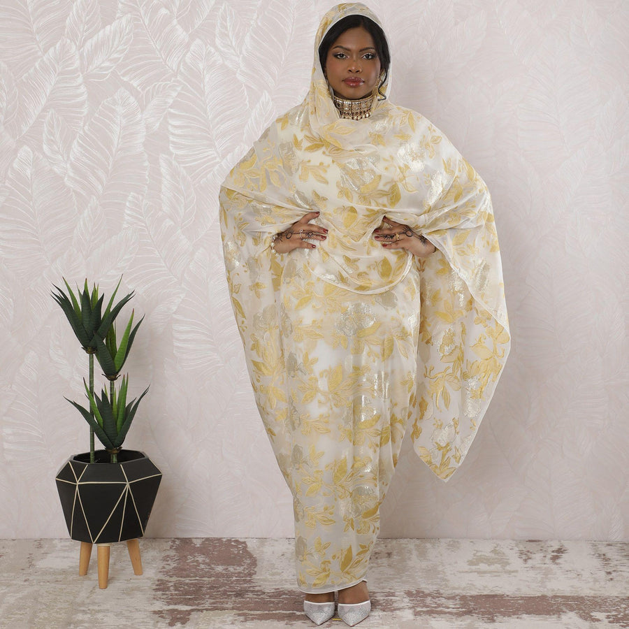 ثوب شيفون حرير فرنسي (فرنساوي) فاخر باللون الأبيض الفاتح مع فيسكوز الخردل الخفيف ولوريكس ميتاليك ذهبي بتصميم زهور-D16157