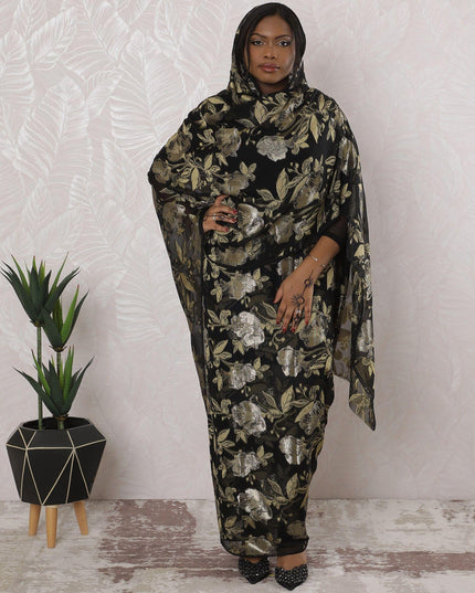 Black Premium pure French (Fransawi) silk chiffon thobe with light mustard viscose and gold metallic lurex in floral design-D16158