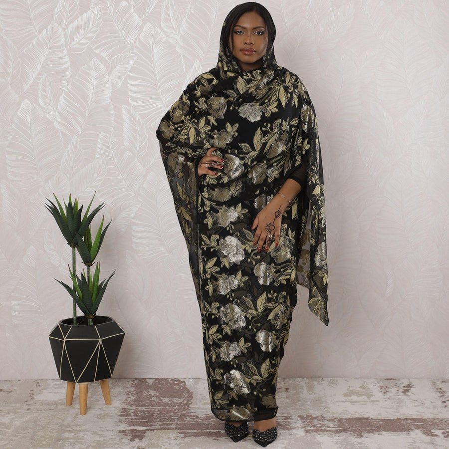 Black Premium pure French (Fransawi) silk chiffon thobe with light mustard viscose and gold metallic lurex in floral design-D16158