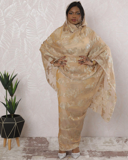 Pale brown Premium pure French (Fransawi) silk chiffon thobe with same tone viscose and multicolor metallic lurex in floral design-D16160 Regal Fabrics