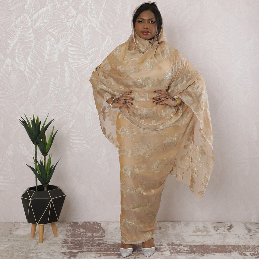 Pale brown Premium pure French (Fransawi) silk chiffon thobe with same tone viscose and multicolor metallic lurex in floral design-D16160 Regal Fabrics