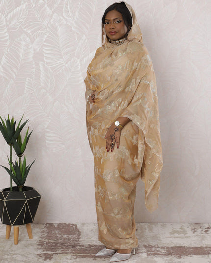 Pale brown Premium pure French (Fransawi) silk chiffon thobe with same tone viscose and multicolor metallic lurex in floral design-D16160 Regal Fabrics