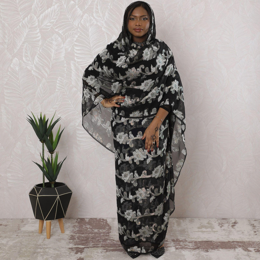 ثوب شيفون حرير فرنسي (فرنساوي) أسود فاخر بنفس اللون، فيسكوز رمادي ولوريكس معدني متعدد الألوان بتصميم زهور-D16161