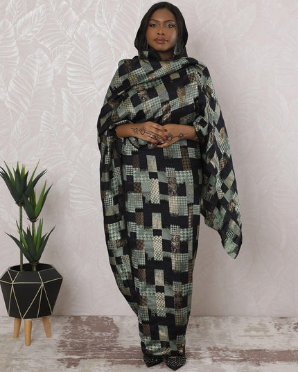 Black Premium pure French (Fransawi) silk chiffon thobe with moss green viscose and multicolor metallic lurex in floral design-D16162