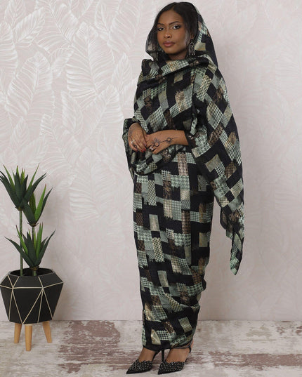 Black Premium pure French (Fransawi) silk chiffon thobe with moss green viscose and multicolor metallic lurex in floral design-D16162