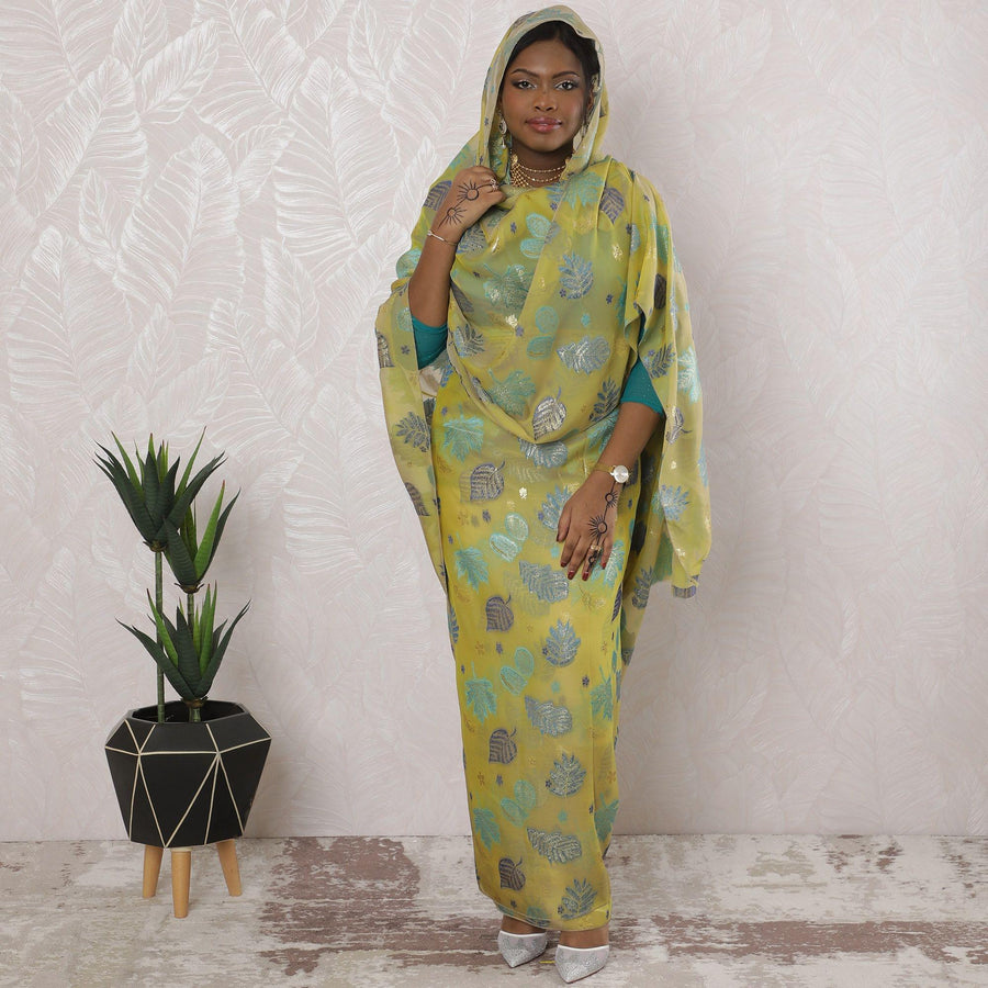 Light Mehindi green Premium pure silk chiffon thobe with blue viscose having gold metallic lurex in floral design-D16163