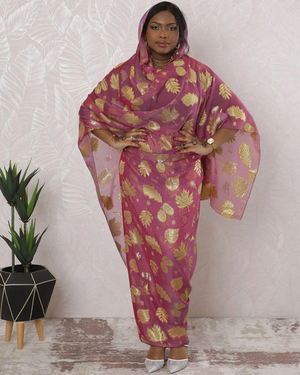 Fuchsia Pink Premium pure silk chiffon thobe with lime green viscose having gold metallic lurex in floral design-D16164