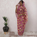 Fuchsia Pink Premium pure silk chiffon thobe with lime green viscose having gold metallic lurex in floral design-D16164