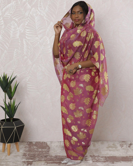 Fuchsia Pink Premium pure silk chiffon thobe with lime green viscose having gold metallic lurex in floral design-D16164