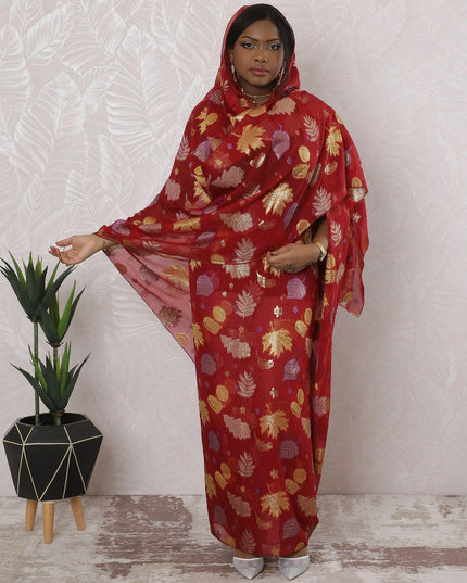 Crimson red Premium pure silk chiffon thobe with lavender viscose having gold metallic lurex in floral design-D16165 Regal Fabrics