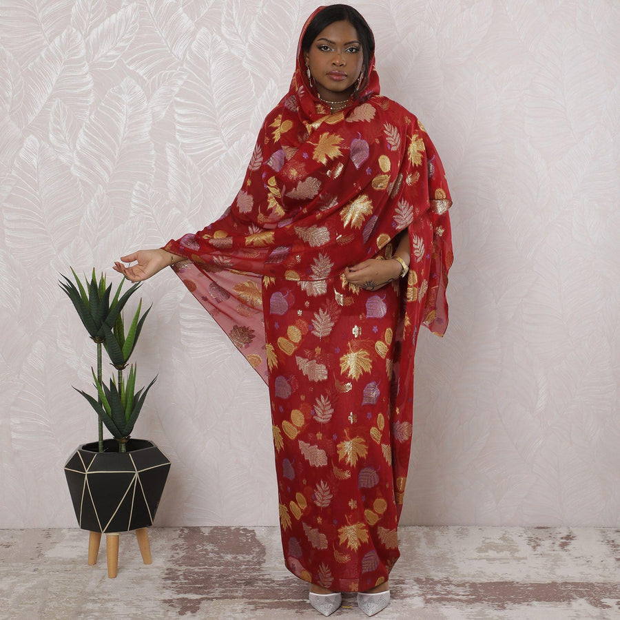 Crimson red Premium pure silk chiffon thobe with lavender viscose having gold metallic lurex in floral design-D16165 Regal Fabrics