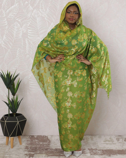 Lime green Premium pure silk chiffon thobe with peach viscose having gold metallic lurex in floral design-D16167 Regal Fabrics