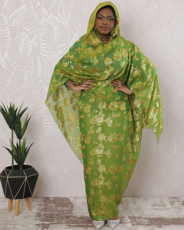 Lime green Premium pure silk chiffon thobe with peach viscose having gold metallic lurex in floral design-D16167