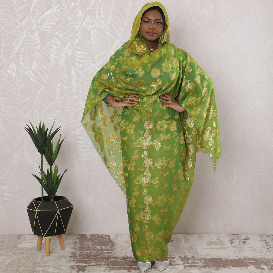 Lime green Premium pure silk chiffon thobe with peach viscose having gold metallic lurex in floral design-D16167 Regal Fabrics