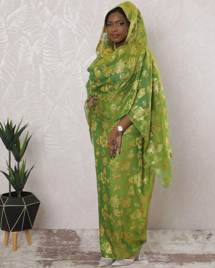 Lime green Premium pure silk chiffon thobe with peach viscose having gold metallic lurex in floral design-D16167 Regal Fabrics
