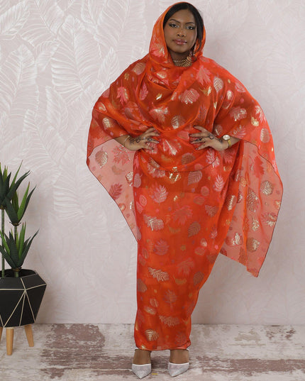 Orange Premium pure silk chiffon thobe with hot pink viscose having gold metallic lurex in floral design-D16168 Regal Fabrics