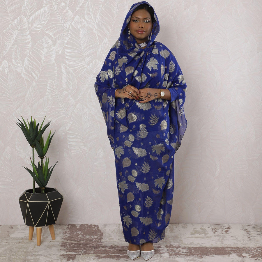 Royal blue Premium pure silk chiffon thobe with grey viscose having gold metallic lurex in floral design-D16169