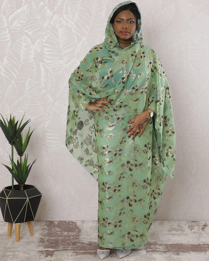 Vista green Premium pure silk chiffon thobe with grey, black viscose having gold metallic lurex in floral design-D16170 Regal Fabrics