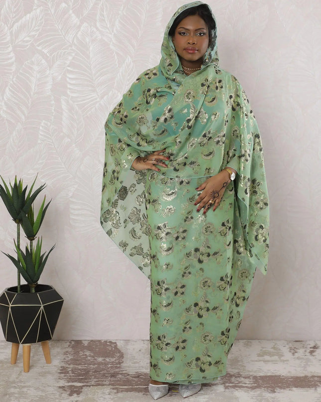 Vista green Premium pure silk chiffon thobe with grey, black viscose having gold metallic lurex in floral design-D16170 Regal Fabrics
