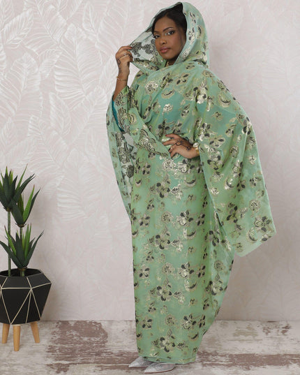 Vista green Premium pure silk chiffon thobe with grey, black viscose having gold metallic lurex in floral design-D16170 Regal Fabrics