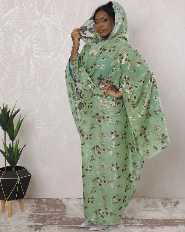 Vista green Premium pure silk chiffon thobe with grey, black viscose having gold metallic lurex in floral design-D16170 Regal Fabrics