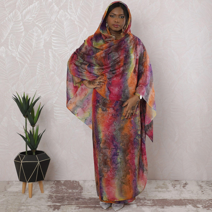 Multicolor Premium pure silk chiffon thobe with same tone metallic lurex in floral design-D16172