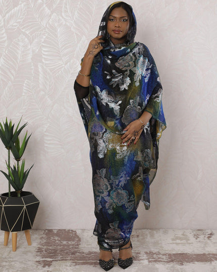 Multicolor Premium pure silk chiffon thobe with same tone metallic lurex in floral design-D16173 Regal Fabrics