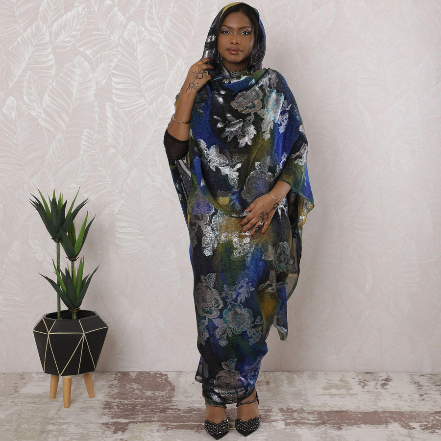 Multicolor Premium pure silk chiffon thobe with same tone metallic lurex in floral design-D16173 Regal Fabrics